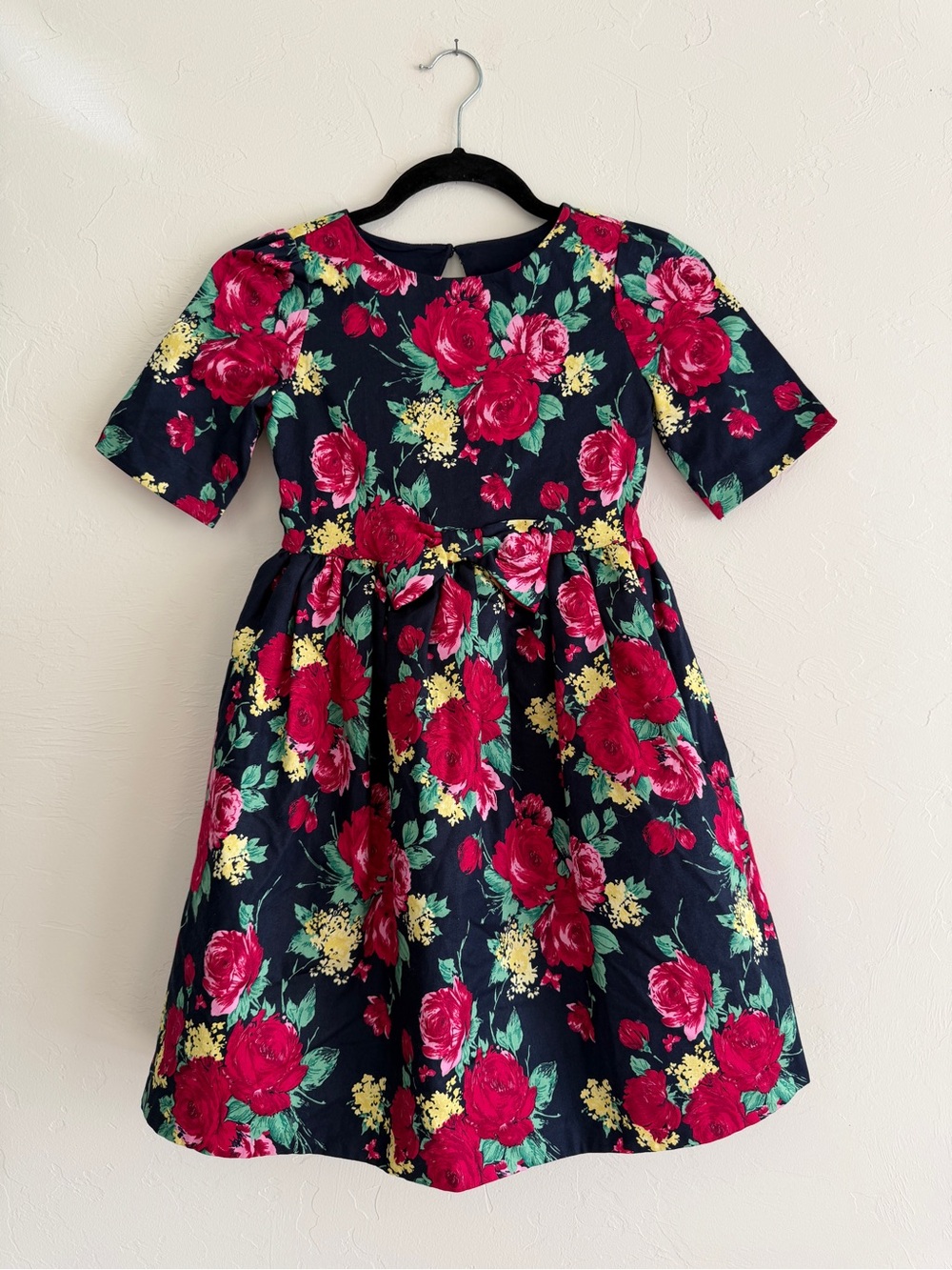 Janie and Jack Navy Dress with Floral Print and Bow - Size 8